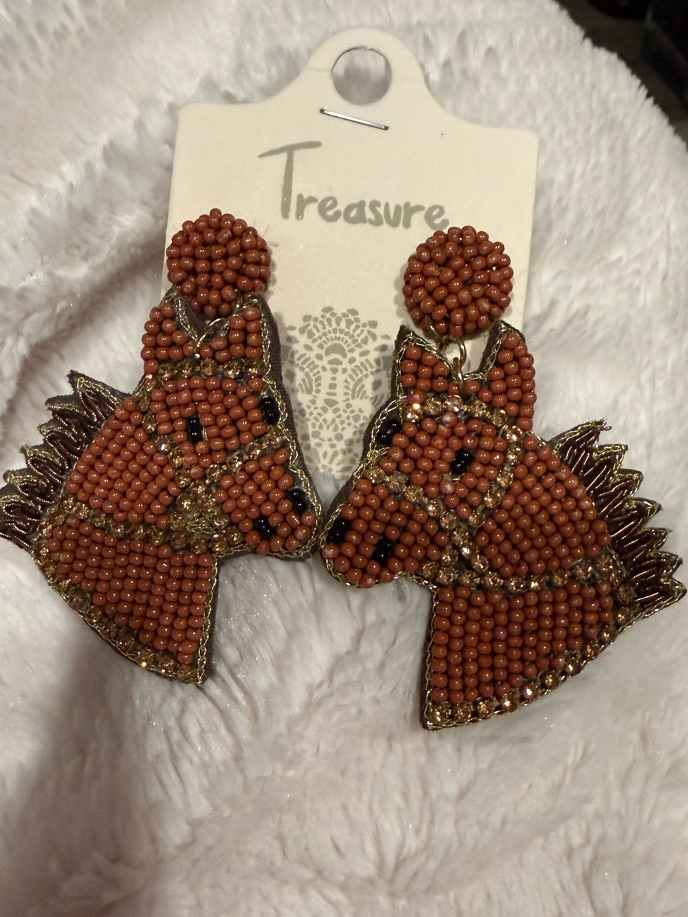 Treasure Brown Beaded Horse Head Statement Earrings Homemade